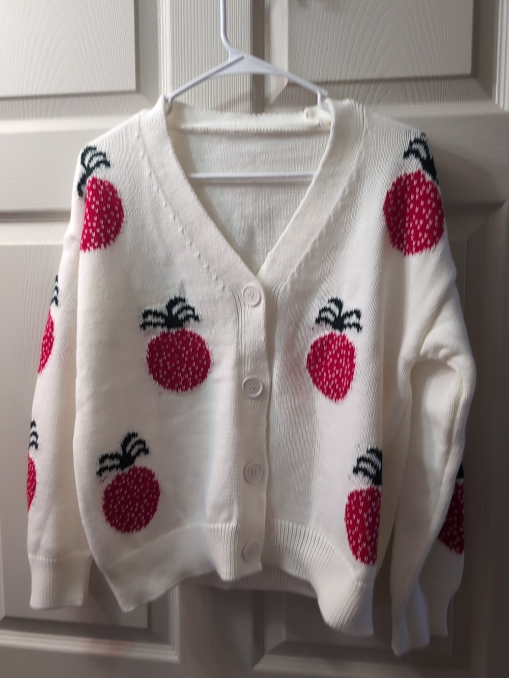 White Strawberry-Print V-Neck Button Cardigan Sweater